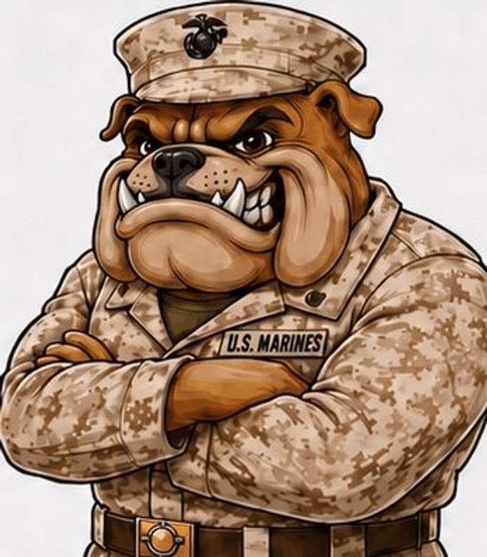 PFC Cleaning Service Devil Dog mascot — a bulldog in desert camouflage with arms crossed